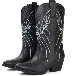 🆕Women's Black Mid Calf Western Pointed Toe Sequin Embroidered Heel Boots